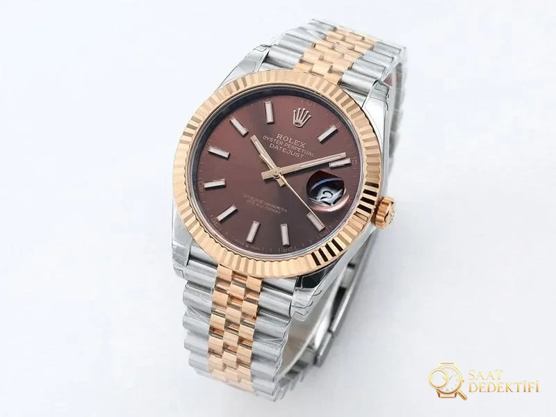 VS Factory Rolex 41 Datejust İki Renk Altın Şarap Kırmızısı Kadran Replika Saat - VS Saat - Kadran Detayı ve Bezel İşçiliği