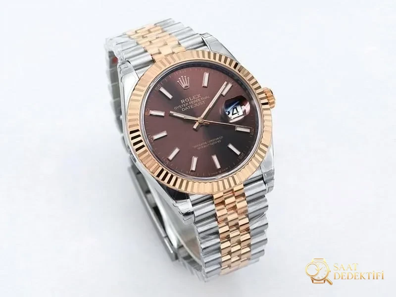 VS Factory Rolex 41 Datejust İki Renk Altın Şarap Kırmızısı Kadran Replika Saat - VS Saat - Kasa Profili ve Kurma Kolu İncelemesi
