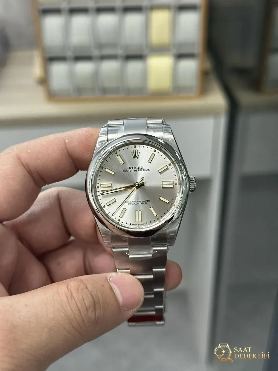 VS Factory Rolex 41 Oyster Perpetual serisi beyaz kadranlı replika kol saati - VS saat - Kadran Detayı ve Bezel İşçiliği