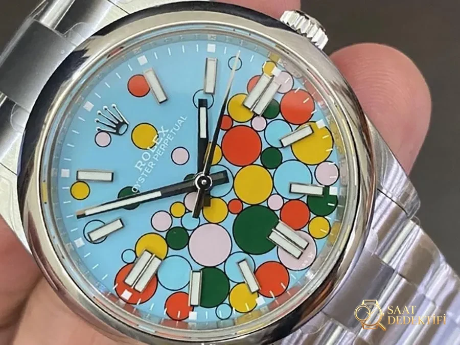 VS Factory Rolex 41 Oyster Perpetual serisi Tiffany mavisi replika kol saati - VS Saat - Kadran Detayı ve Bezel İşçiliği