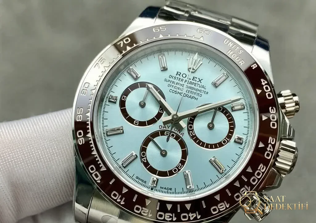 VS Factory Rolex Daytona 126506 Ice Blue Baguette Diamond Dial and Chestnut Brown Bezel Detail