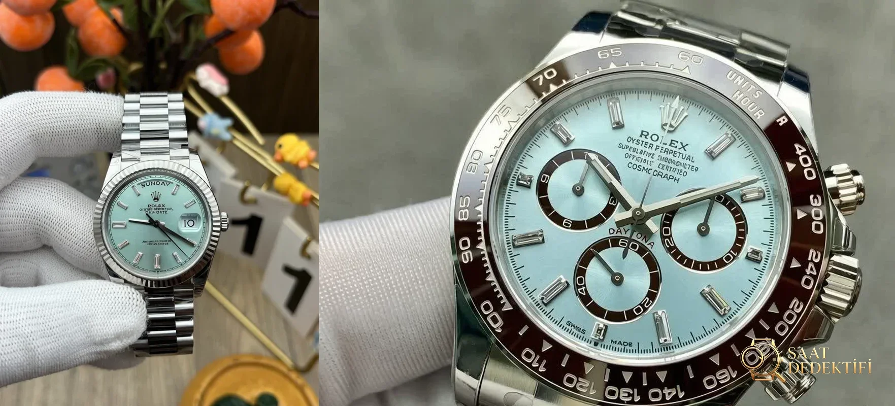 VS Factory Rolex Daytona 126506 and Day-Date 40 Ice Blue Side by Side Comparison Image