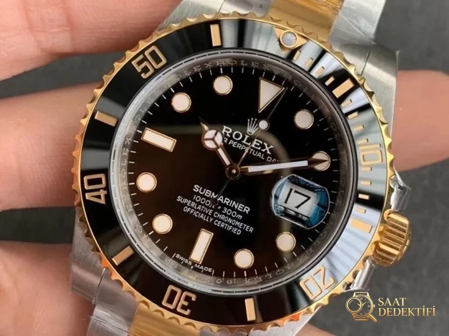 VS Factory Rolex çift renk altın siyah Submariner 3135 replika saat - VS saat - Kadran Detayı ve Bezel İşçiliği