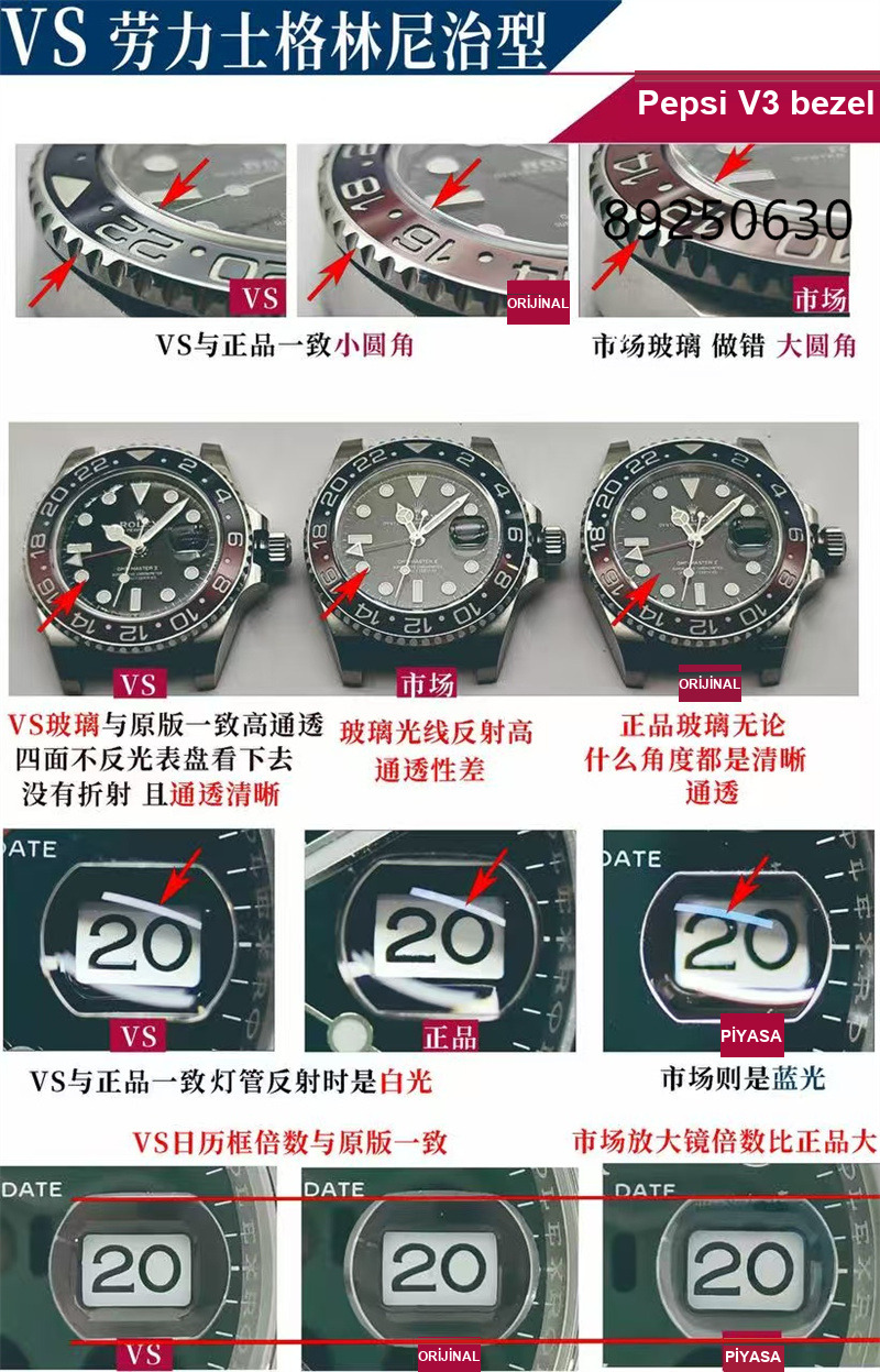 VS Factory Rolex Cola bezel gerçek-replika karşılaştırması — 7. fotoğraf