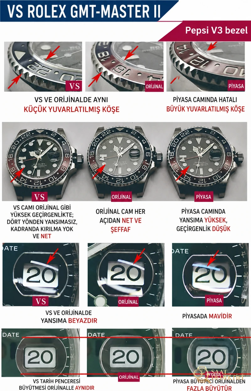 VS Factory Rolex Cola bezel gerçek-replika karşılaştırması - Klips Kilidi ve Lazer Damgalar