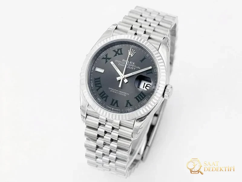 VS Factory Rolex Datejust 36 Gri Kadranlı Roma Rakamlı Replika Saat - VS Saat - Kadran Detayı ve Bezel İşçiliği