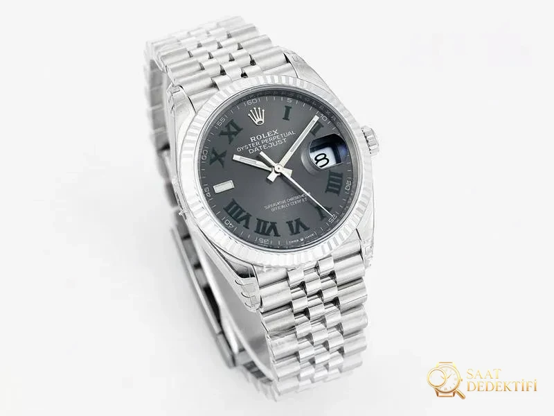 VS Factory Rolex Datejust 36 Gri Kadranlı Roma Rakamlı Replika Saat - VS Saat - Kasa Profili ve Kurma Kolu İncelemesi