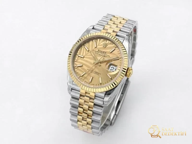VS Factory Rolex Datejust 36 Two-Tone Altın Model Altın Rengi Kadranlı Replika Saat - VS Saat - Kadran Detayı ve Bezel İşçiliği
