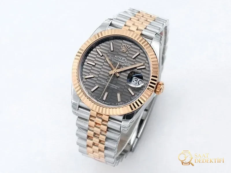 VS Factory Rolex Datejust 41 Everose Gold Grau kariertes Zifferblatt Replik-Armbanduhr – VS-Uhr – Zifferblattdetails und Lünettenverarbeitung