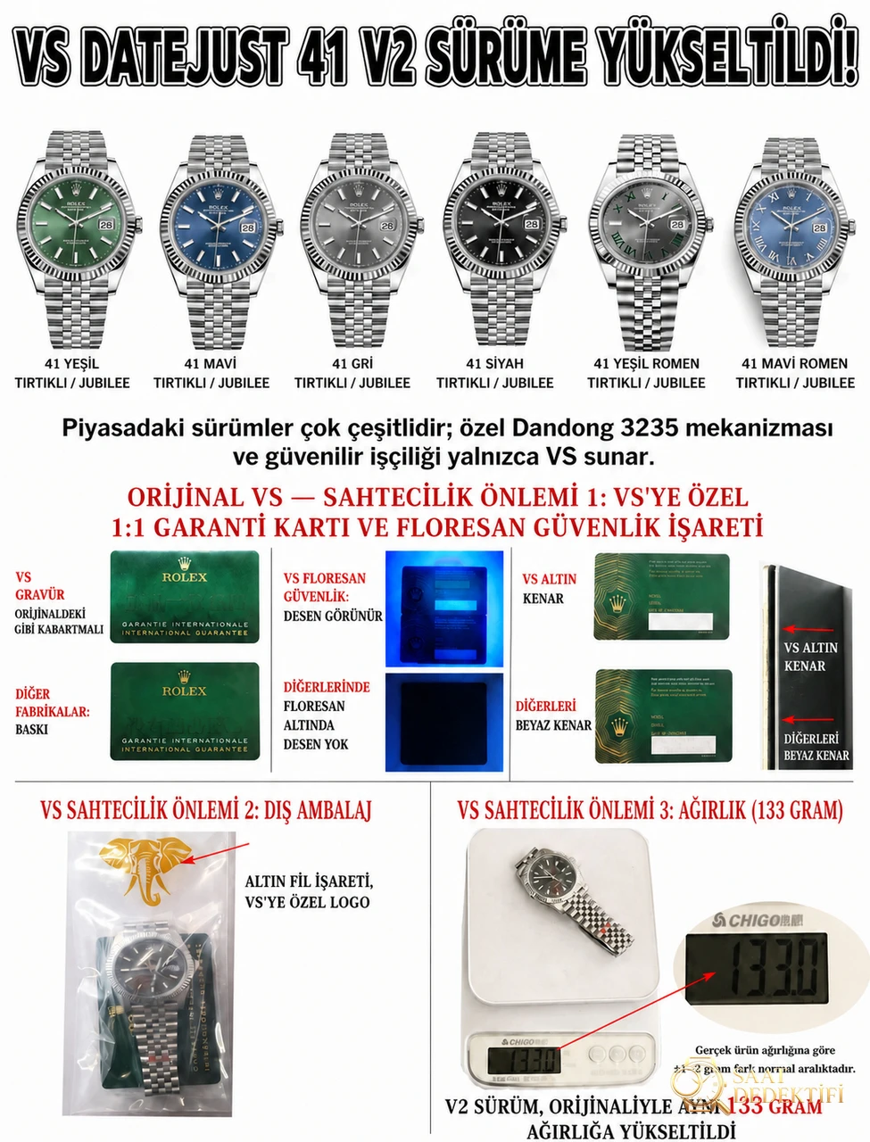VS Factory Rolex Datejust 41 mm, Dandong 3235 mekanizmalı V2 versiyonu nasıl ayırt edilir? - Kadran Detayı ve Bezel İşçiliği