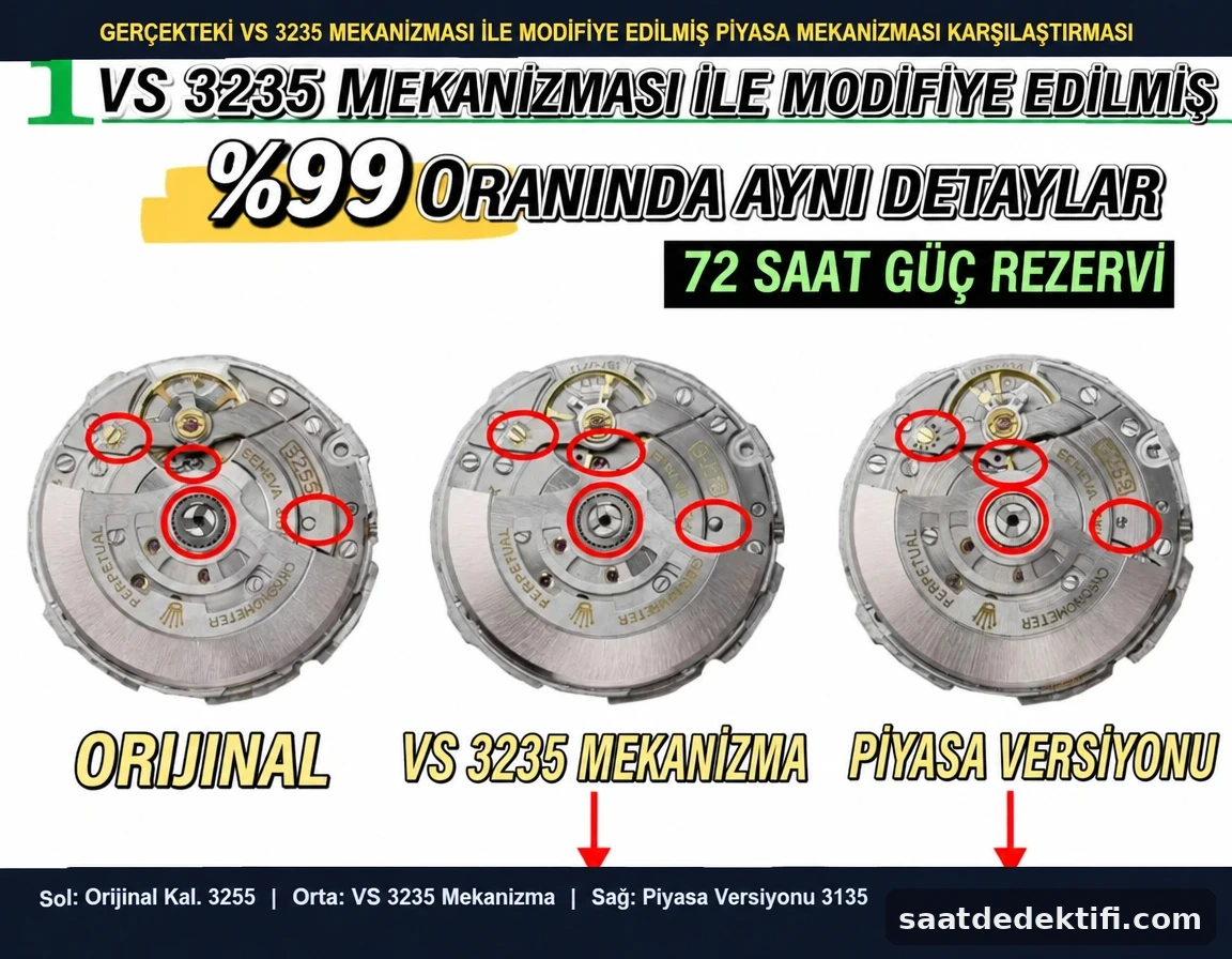 Orijinal Rolex 3255 ile VS Factory entegre Dandong 3255 mekanizma karşılaştırması