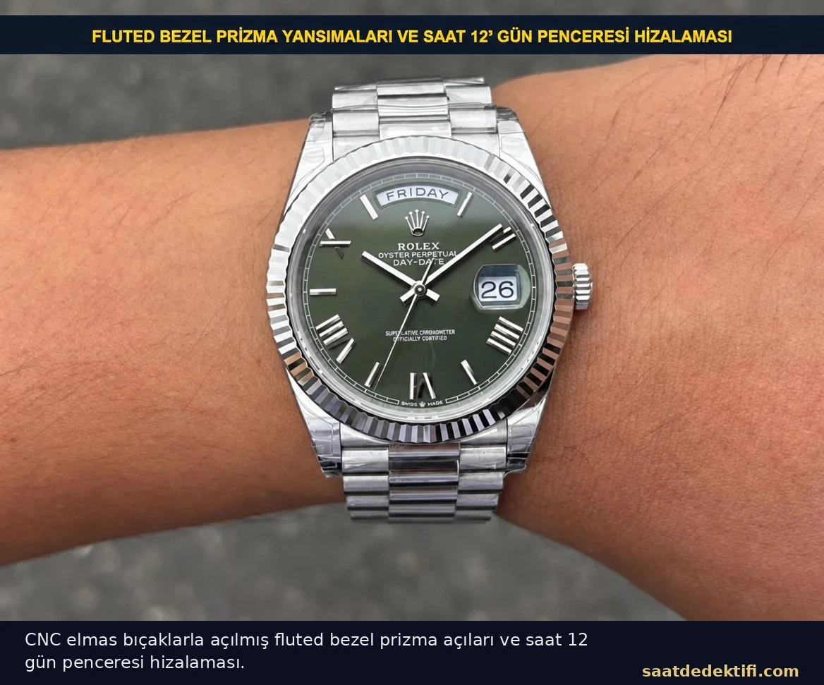 VS Factory Rolex Day-Date 40 fluted bezel ve gün penceresi makro görünümü