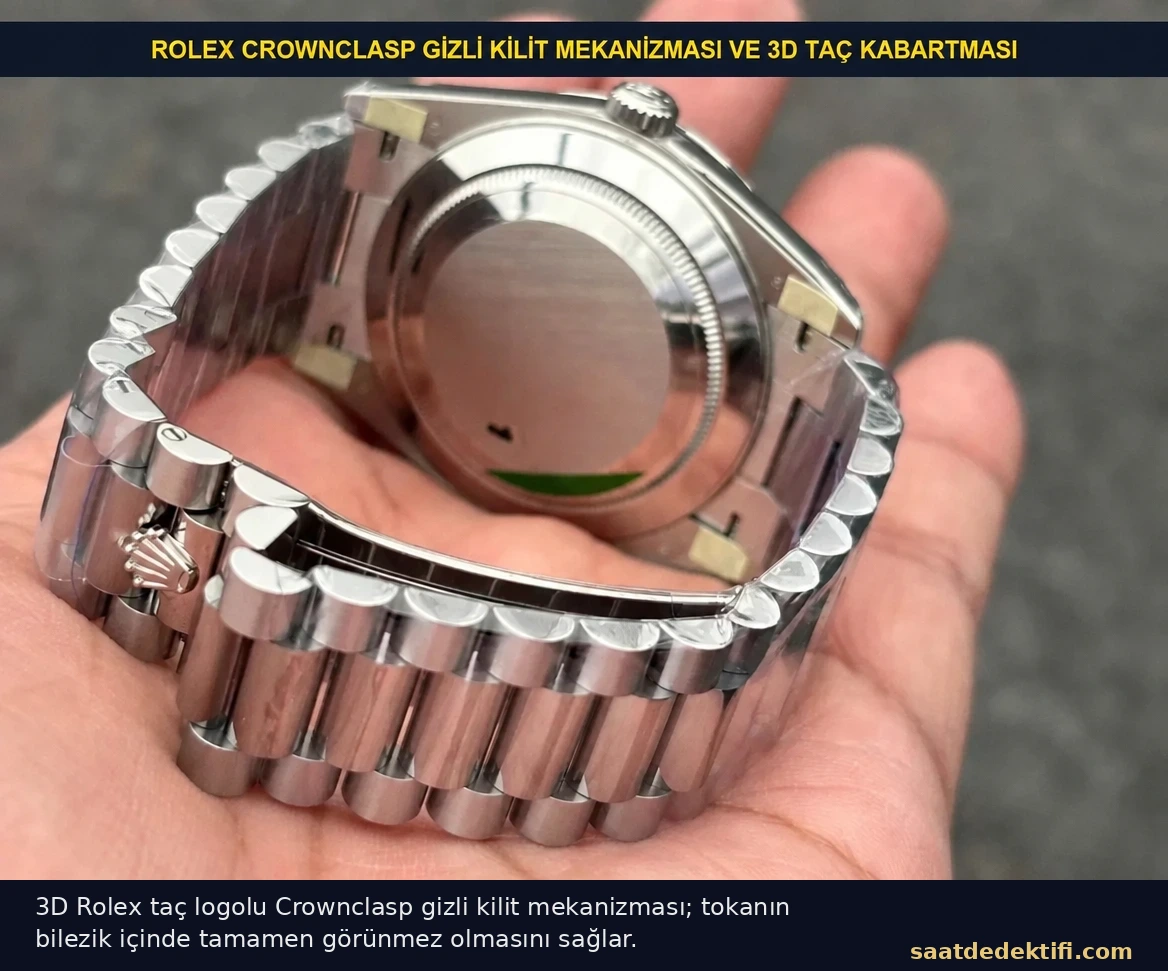 VS Factory Rolex Day-Date 40 Crownclasp gizli kilit ve 3D taç logosu makro