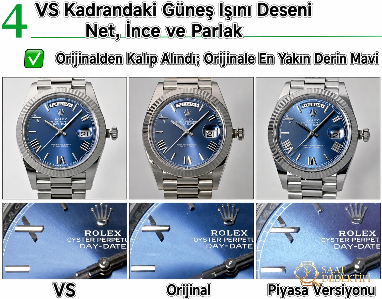 VS Factory Rolex Day-Date DD çift takvim, 182g ağırlıklı, siyah karamel ve dumanlı yeşil, 3255 mekanizmanın işçiliği nasıl? - Kadran Detayı ve Bezel İşçiliği
