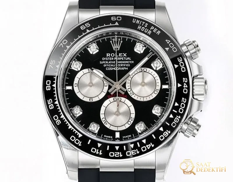 VS Factory Rolex Daytona siyah kadran elmas işaretli replika saat - 4131 mekanizma - Kadran Detayı ve Bezel İşçiliği