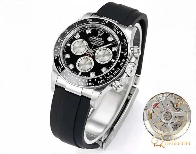 VS Factory Rolex Daytona siyah kadran elmas işaretli replika saat - 4131 mekanizma - Kasa Profili ve Kurma Kolu İncelemesi