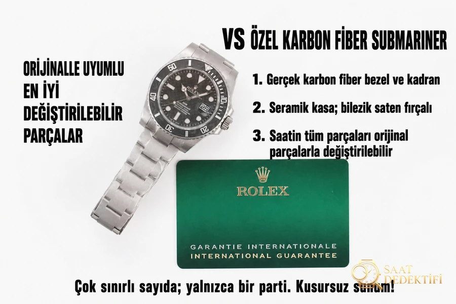 VS Factory Rolex DIW Karbon Fiber Kadranlı 3135 Replika Kol Saati - VS Saat - Klips Kilidi ve Lazer Damgalar