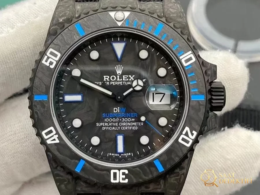 VS Factory Rolex DIW Karbon Fiber Mavi Model Replika Kol Saati - VS Saat - Kadran Detayı ve Bezel İşçiliği
