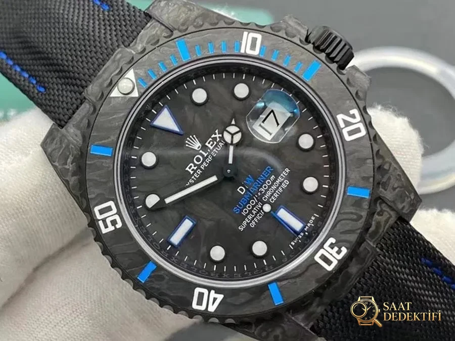 VS Factory Rolex DIW Karbon Fiber Mavi Model Replika Kol Saati - VS Saat - Kasa Profili ve Kurma Kolu İncelemesi