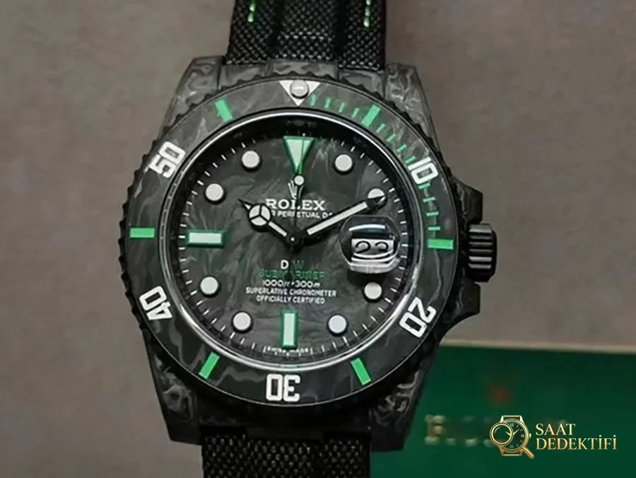 VS Factory Rolex DIW Karbon Fiber Yeşil Replika Kol Saati - VS Saat - Kadran Detayı ve Bezel İşçiliği