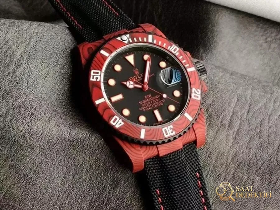 VS Factory Rolex DIW tam kırmızı karbon fiber replika kol saati - VS saat - Kadran Detayı ve Bezel İşçiliği