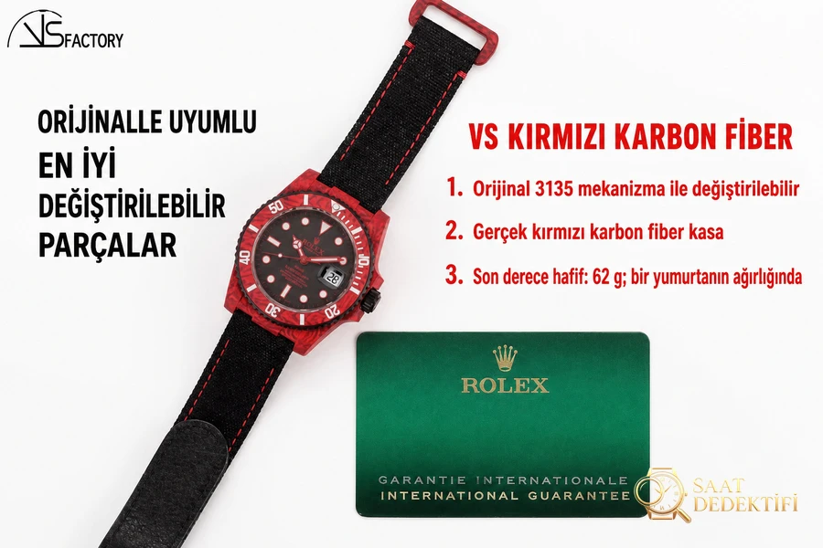 VS Factory Rolex DIW tam kırmızı karbon fiber replika kol saati - VS saat - Bilekte Duruş ve Kasa Orantısı