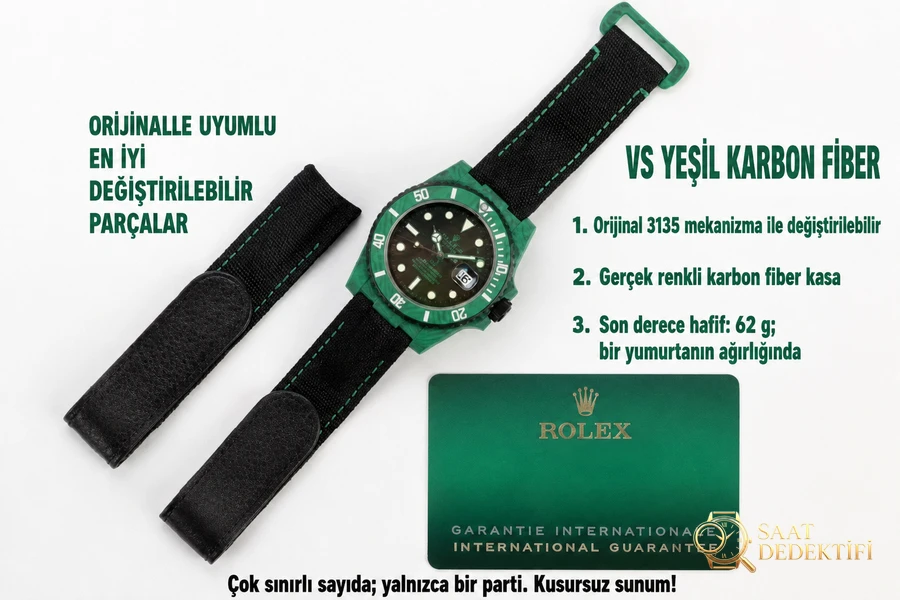 VS Factory Rolex DIW Replik-Armbanduhr aus vollständig grüner Kohlefaser – VS-Uhr – Handgelenkposition und Gehäuseproportionen