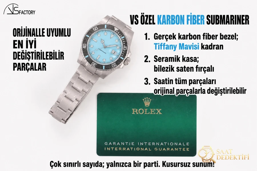 VS Factory Rolex DIW Tiffany Blue Su Geçirmez Replika Kol Saati - VS Saat - Fosfor ve Super-LumiNova Gece Görünümü