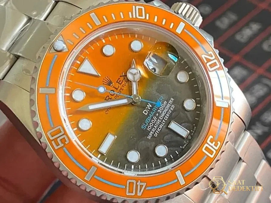 VS Factory Rolex DIW turuncu bezelli günbatımı replika saat - VS Watch - Kadran Detayı ve Bezel İşçiliği