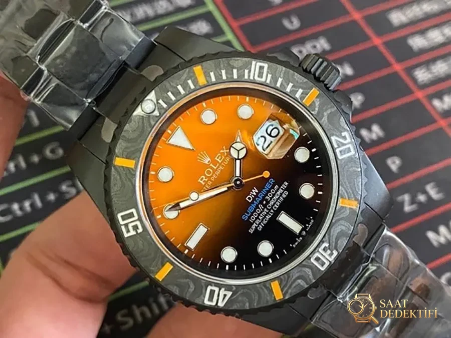 VS Factory Rolex DIW turuncu degrade 3135 replika kol saati - VS Saat - Kadran Detayı ve Bezel İşçiliği