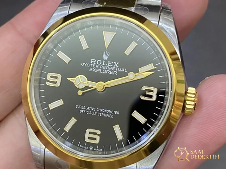 VS Factory Rolex Explorer 36 mm çelik-altın siyah kadran replika saat - VS Saat - Kadran Detayı ve Bezel İşçiliği
