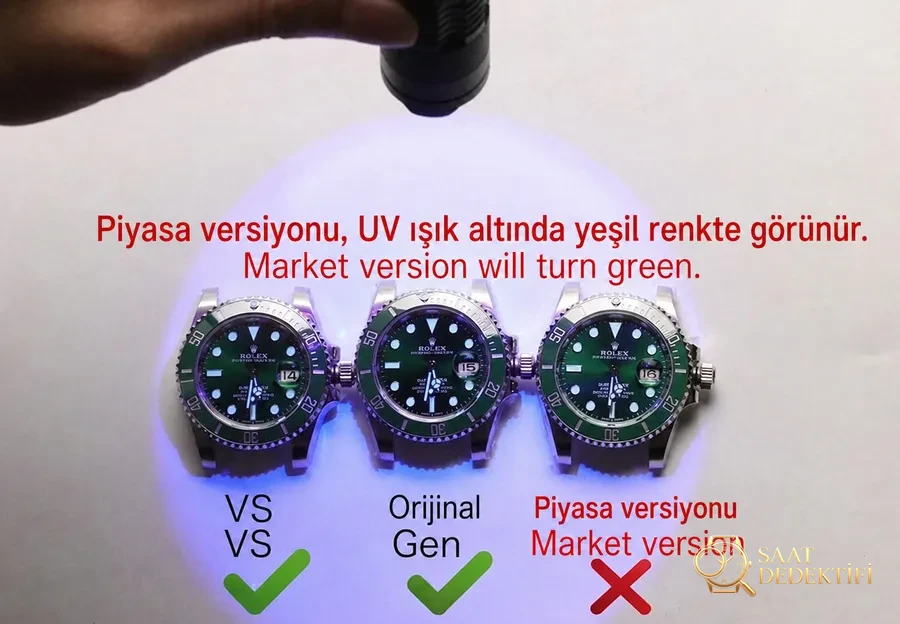 VS Factory Rolex gerçek-replika karşılaştırması: Siyah Submariner lume karşılaştırması ve ayırt etme yöntemleri - Kadran Detayı ve Bezel İşçiliği