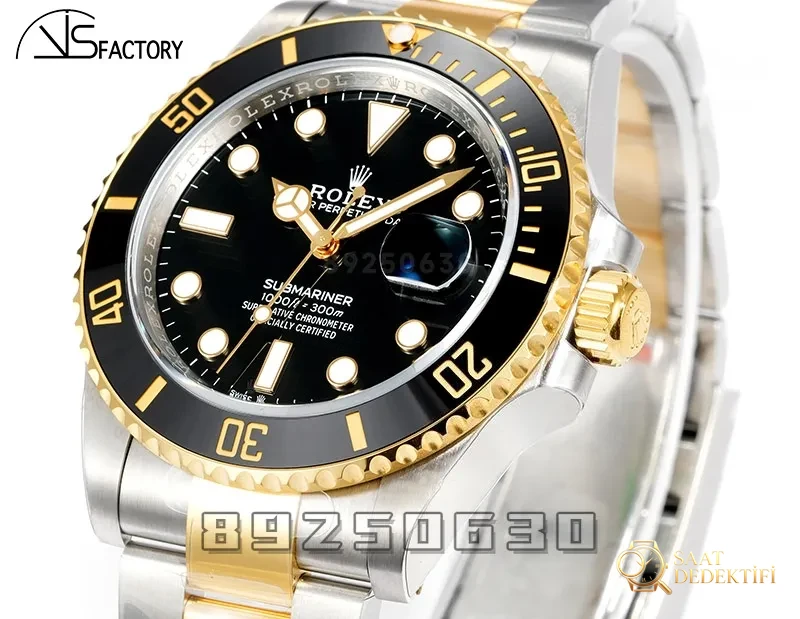 VS Factory Rolex İki Renkli Altın Siyah Su Hayaleti 3235 Replika Saat - VS Saat - Kasa Profili ve Kurma Kolu İncelemesi