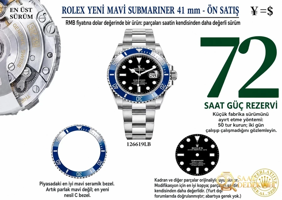 VS Factory Rolex Mavi Su Hayaleti 3235 Replika Kol Saati - VS Watch - Klips Kilidi ve Lazer Damgalar