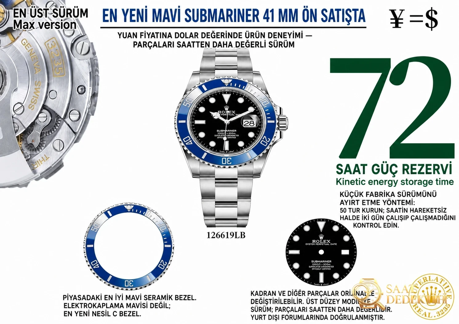 VS Factory Rolex Mavi Submariner 41 mm C Bezel 3235 Mekanizma 126619LB İncelemesi - Tepe Koruması ve Ayar Fonksiyonu