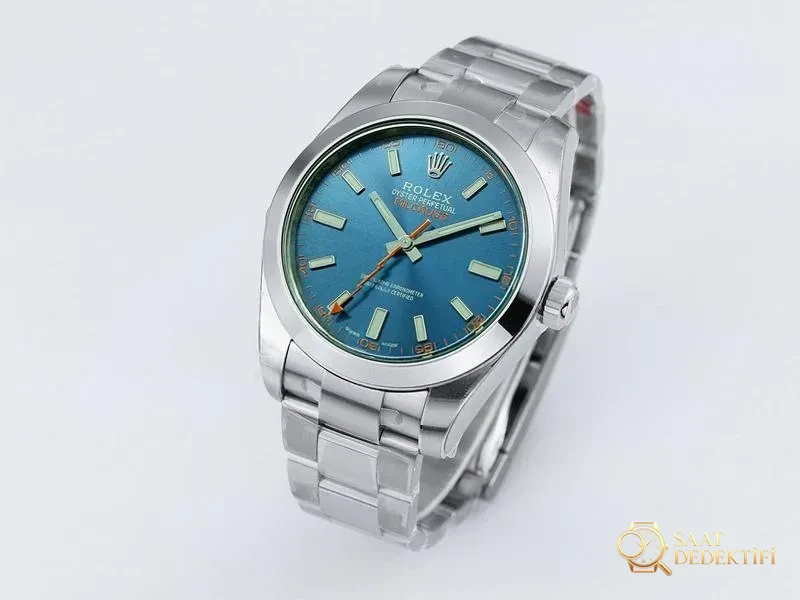 VS Factory Rolex Milgauss Serisi Şimşek Yeşili Camlı Mavi Kadranlı Replika Saat - VS Watch - Kadran Detayı ve Bezel İşçiliği