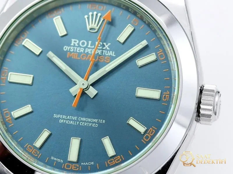 VS Factory Rolex Milgauss Serisi Şimşek Yeşili Camlı Mavi Kadranlı Replika Saat - VS Watch - Arka Kapak ve Mekanizma Detayı