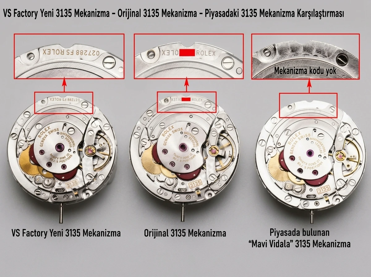 VS Factory Rolex orijinal karşılaştırması - 3135 mekanizma karşılaştırması - Arka Kapak ve Mekanizma Detayı