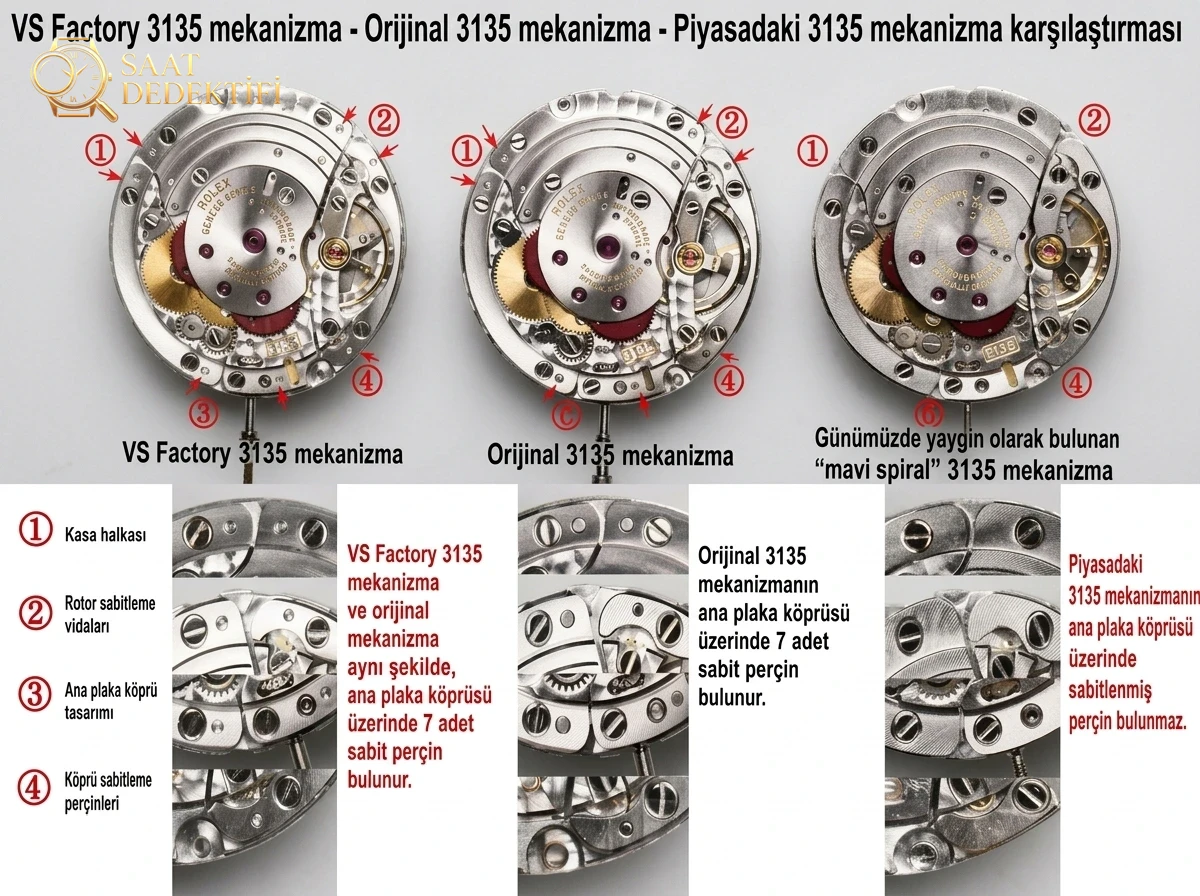 VS Factory Rolex orijinal karşılaştırması - 3135 mekanizma karşılaştırması - Bilezik, Toka ve Klips Mekanizması
