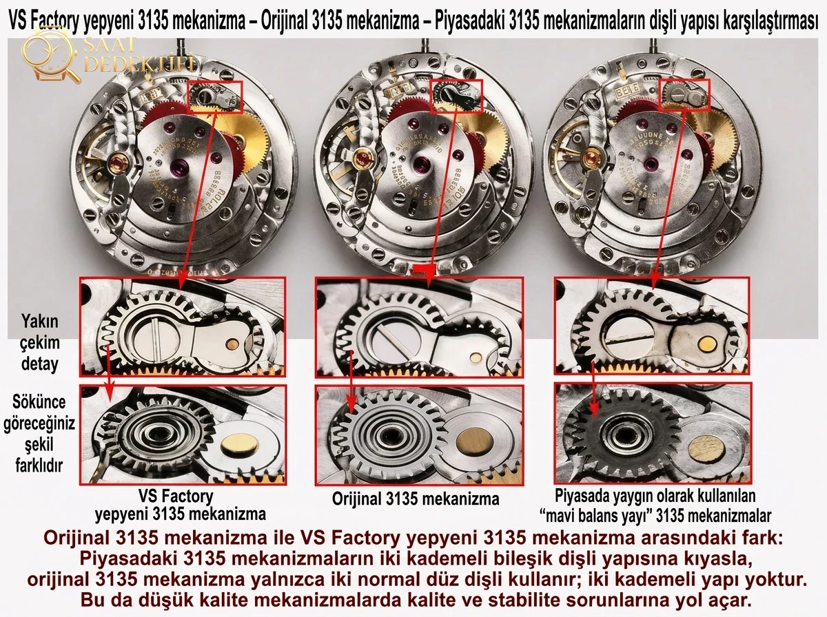 VS Factory Rolex orijinal karşılaştırması - 3135 mekanizma karşılaştırması - Makro Kadran ve İndeks İşçiliği
