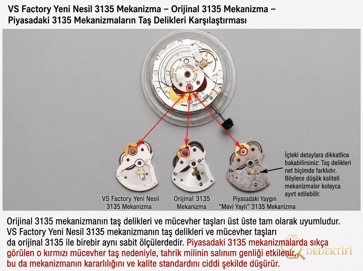 VS Factory Rolex orijinal karşılaştırması - 3135 mekanizma karşılaştırması - Klips Kilidi ve Lazer Damgalar