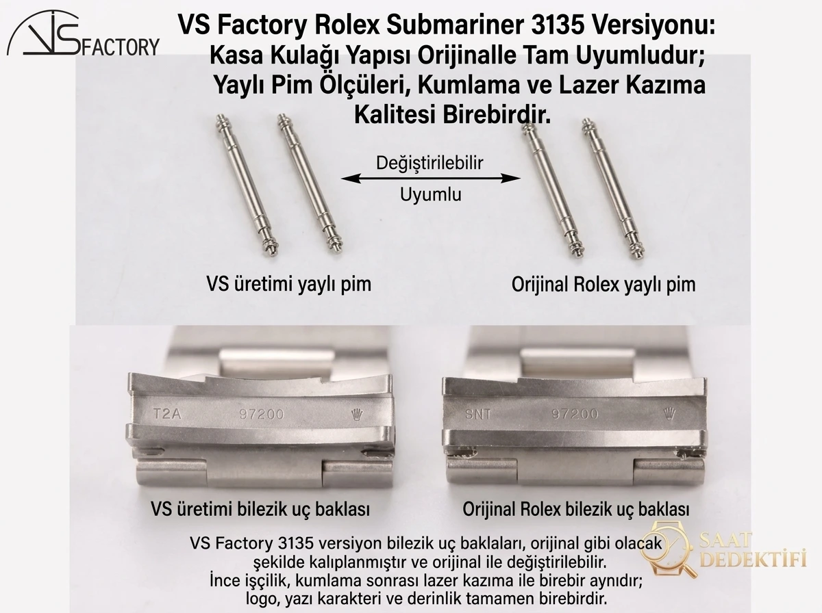 VS Factory Rolex Orijinal Karşılaştırması - Siyah Su Hayaleti (Submariner) 3135 Model - Makro Kadran ve İndeks İşçiliği