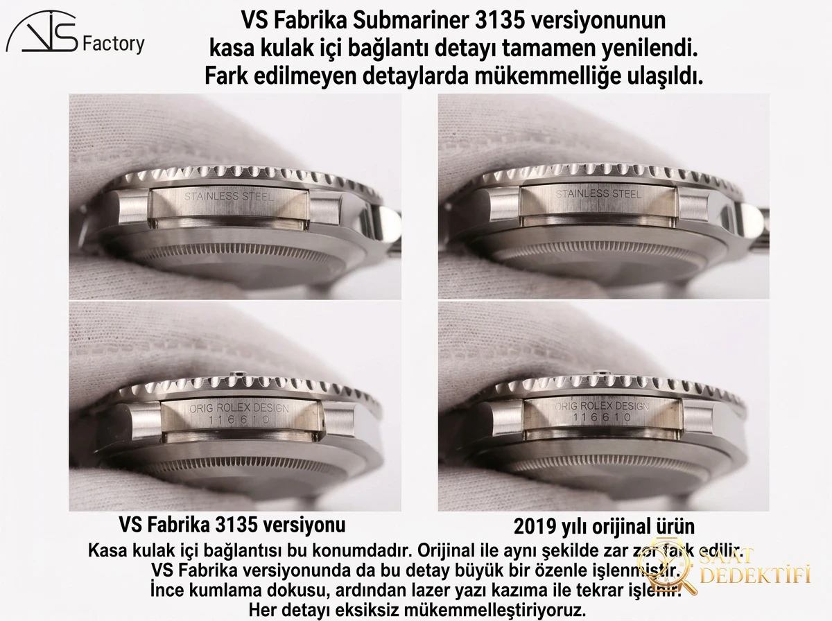 VS Factory Rolex Orijinal Karşılaştırması - Siyah Su Hayaleti (Submariner) 3135 Model - Klips Kilidi ve Lazer Damgalar