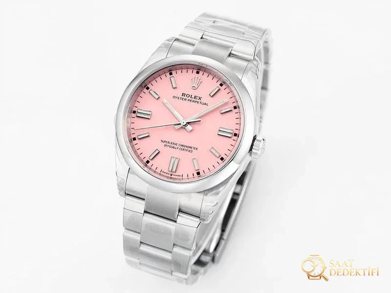 VS Factory Rolex Oyster Perpetual 36 Replik-Armbanduhr mit rosa Zifferblatt – VS-Uhr – Zifferblattdetails und Lünettenverarbeitung