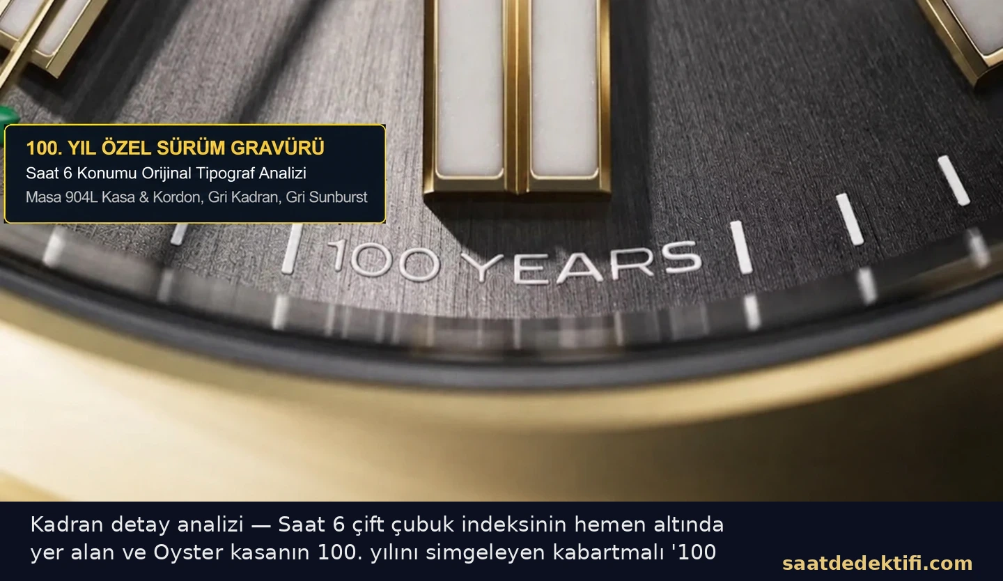 Rolex Oyster Perpetual 41 kadranındaki kabartmalı 100 YEARS gravürü detayı