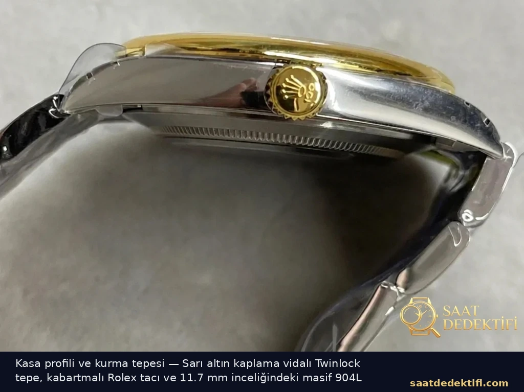 Rolex Oyster Perpetual 41 kasa yan profili ve sarı altın vidalı Twinlock tepe