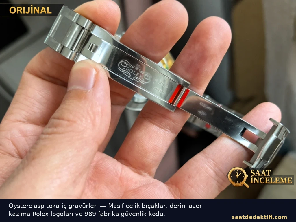 Rolex Oysterclasp toka iç gravürleri ve 989 fabrika kodu