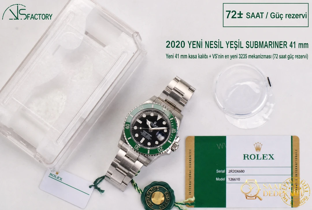 2020VS Factory 41 mm Rolex Yeşil Su Hayaleti 3235 Mekanizmalı Submariner 126610lv İncelemesi - Makro Kadran ve İndeks İşçiliği