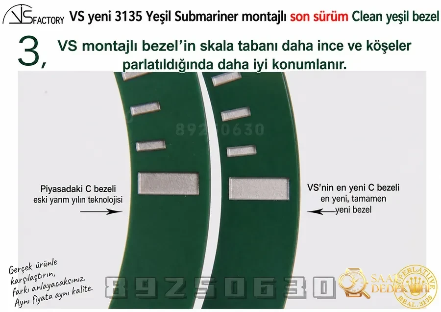VS Factory Rolex Replika Saat ile Piyasa Versiyonunun Karşılaştırması - Yeşil Su Hayaleti Seramik Bezel - Kasa Profili ve Kurma Kolu İncelemesi