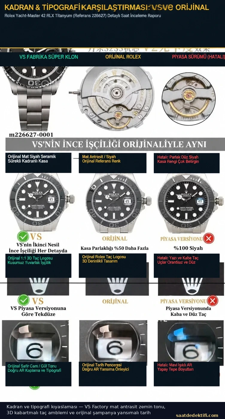 VS Factory Rolex Yacht-Master Titan-Zifferblatt, Typografie und Kronenemblem im Vergleich